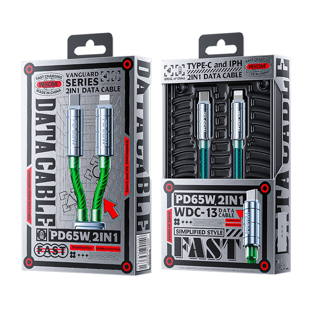 WK  2 in 1 Type-C to Type-C+8 Pin Super Fast Charge Data Cable.