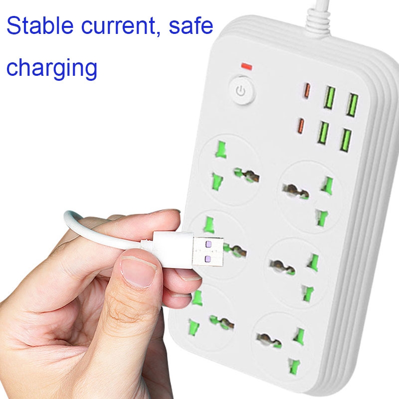T24 2m 3000W 6 Plugs + PD + 4-USB Ports Multifunctional Flame-Retardant Socket With Switch.