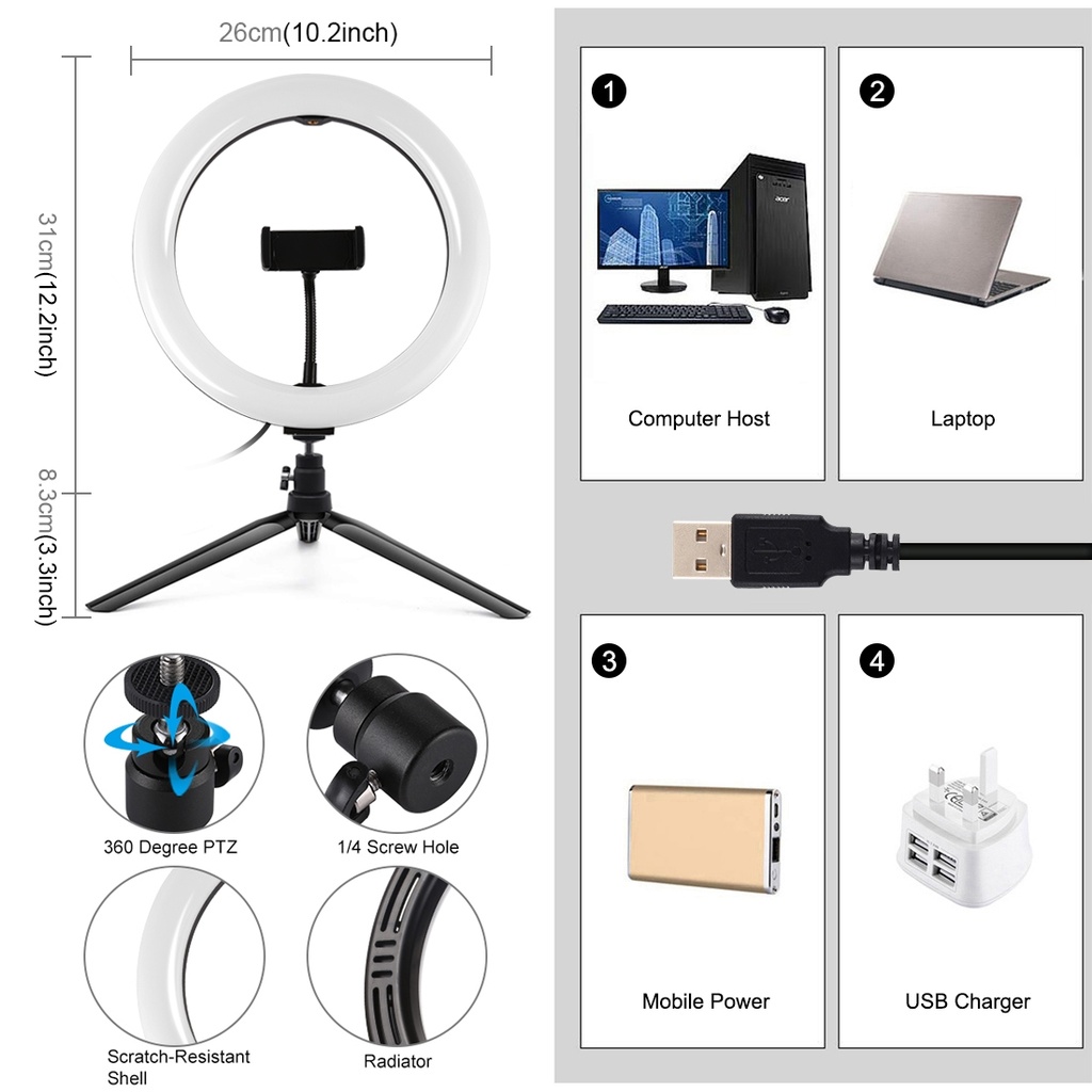 PULUZ 10.2 inch 26cm Light + Desktop Tripod Mount USB 3 Modes Dimmable Dual Color Temperature LED Curved Diffuse Light Ring Vlogging Selfie Photography Video Lights with Phone Clamp & Selfie Remote Control.