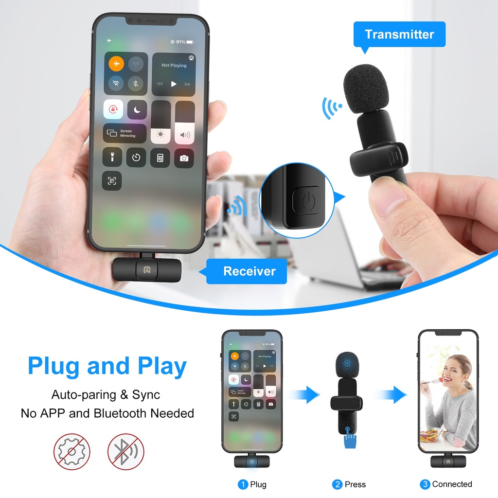 	PULUZ Wireless Lavalier Noise Reduction Reverb Microphones for iPhone / iPad, 8-Pin Receiver and Dual Microphones.