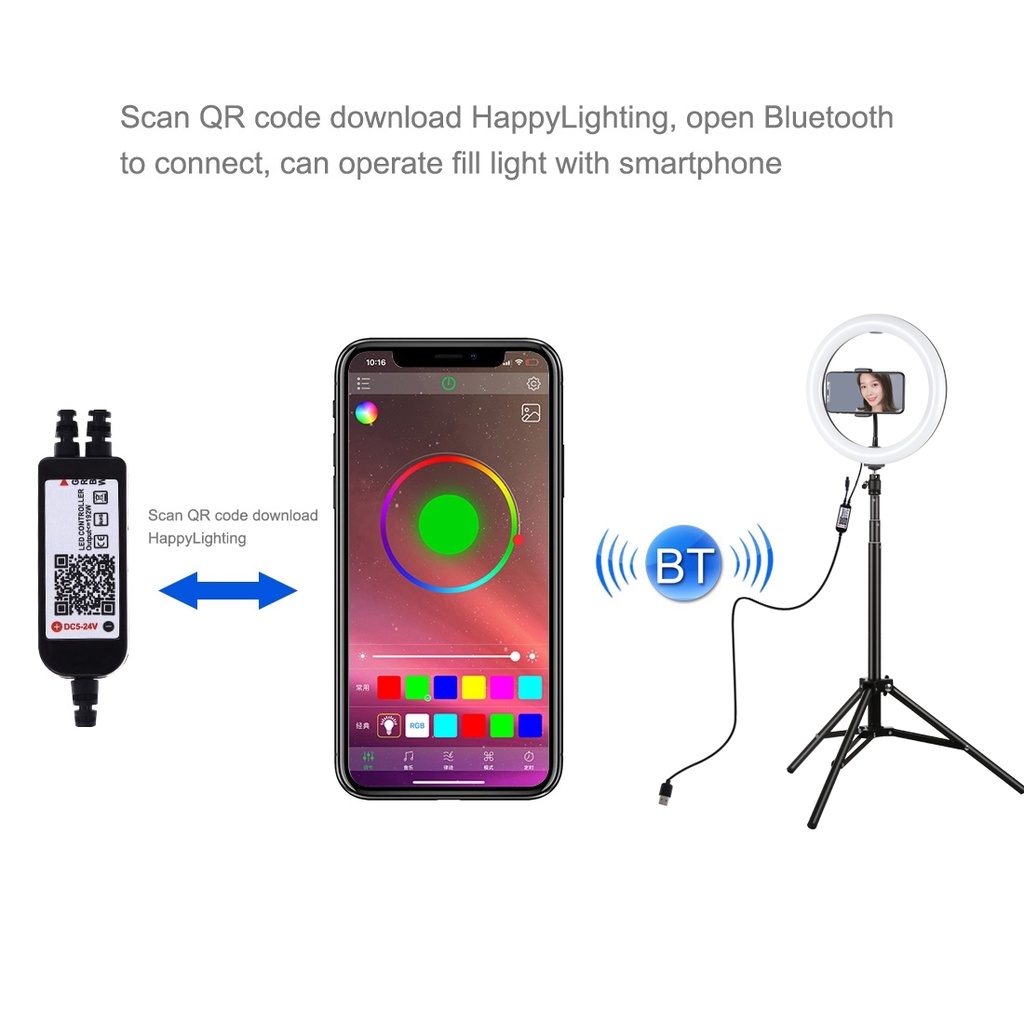 PULUZ 10.2 inch 26cm RGBW Light + 1.65m Tripod Mount Curved Surface USB RGBW Dimmable LED Ring Vlogging Video Light Live Broadcast Kits with Cold Shoe Tripod Ball Head & Phone Clamp & Remote Control.