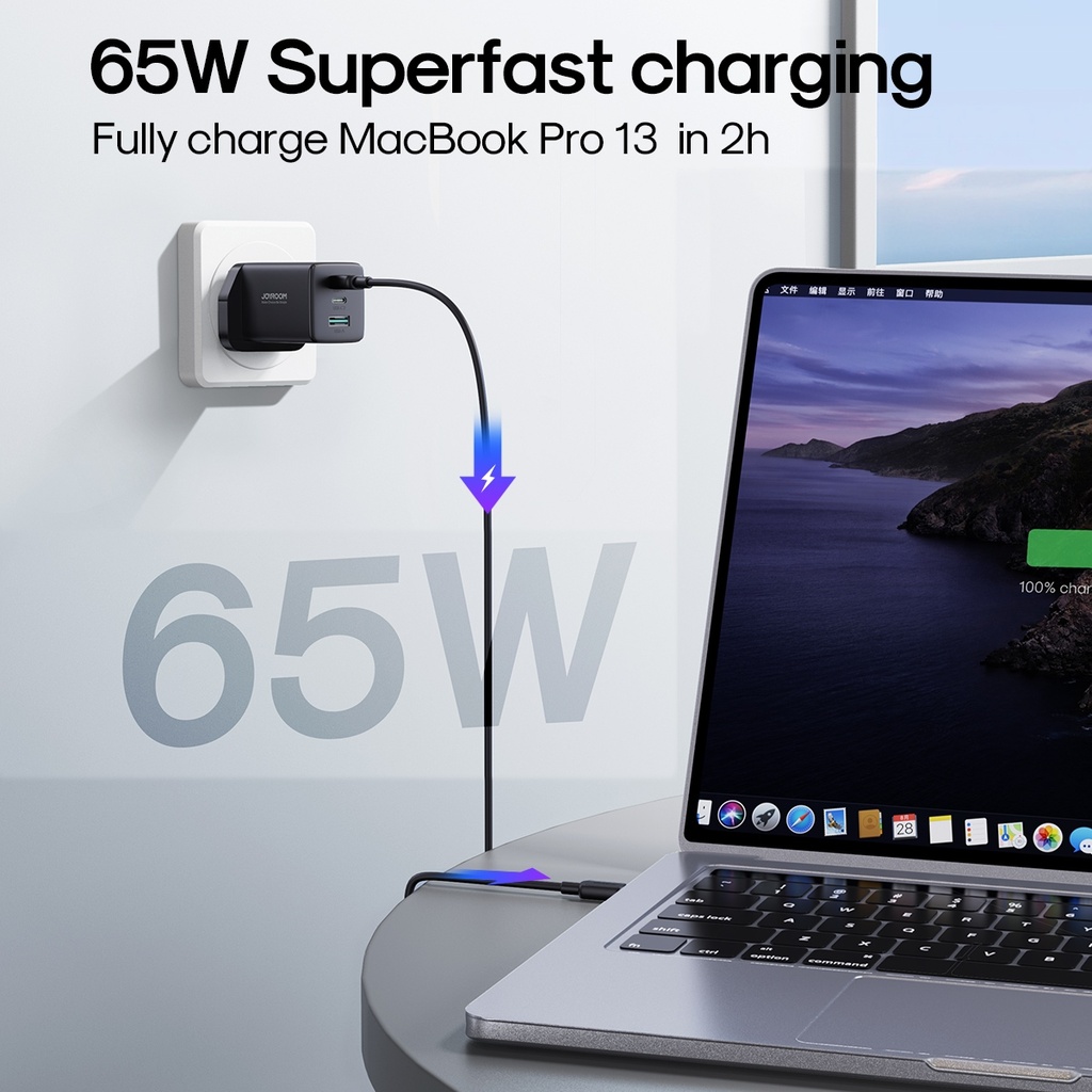 JOYROOM GaN Ultra 65W 2 Type-C + 1 USB Fast Charger with 1.2m Type-C Cable.