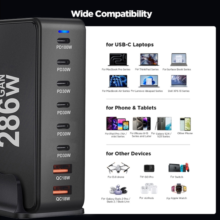 286W Type-C, 2 USB 8-Ports Desktop Fast Charger,Type:UK.