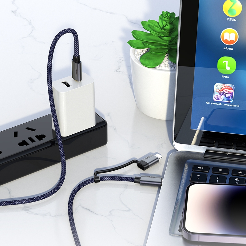 hoco Type-C / USB-C to Type-C / USB-C + 8 Pin 2 in 1 Braided Fast Charging Data Cable.