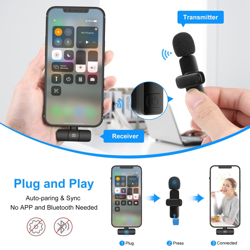 PULUZ Wireless Lavalier Noise Reduction Reverb Microphones for iPhone / iPad, 8-Pin Receiver and Dual Microphones.
