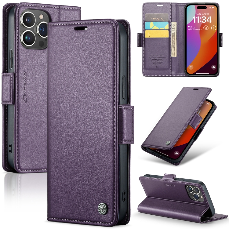 [00-695] For iPhone 15 Pro Max CaseMe  Butterfly Buckle Litchi Texture RFID Anti-theft Leather Phone Case. (purple)