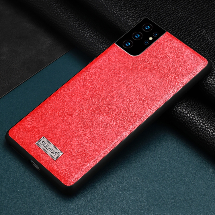 [00-965] For Samsung Galaxy S21 Ultra 5G SULADA Shockproof TPU + Handmade Leather Protective Case. (Red)