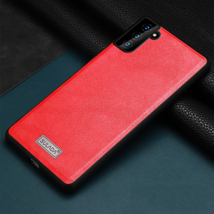 [00-970] For Samsung Galaxy S21 5G SULADA Shockproof TPU + Handmade Leather Protective Case. (Red)