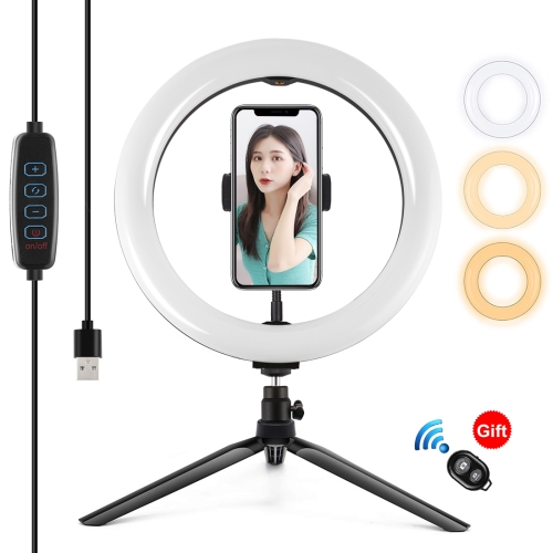 PULUZ 10.2 inch 26cm Light + Desktop Tripod Mount USB 3 Modes Dimmable Dual Color Temperature LED Curved Diffuse Light Ring Vlogging Selfie Photography Video Lights with Phone Clamp & Selfie Remote Control.
