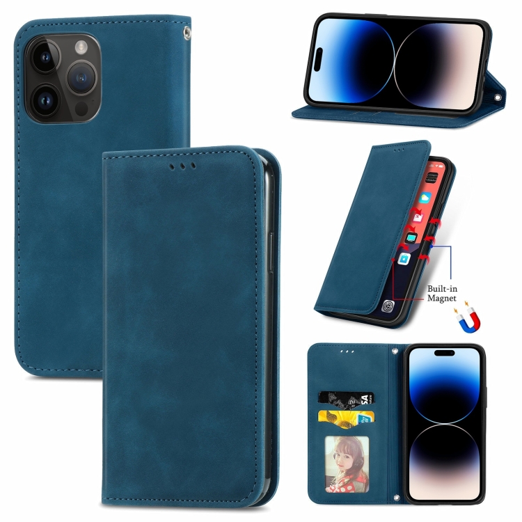 [1513] For iPhone 14 Pro Retro Skin Feel Magnetic Flip Leather Phone Case. (Blue)