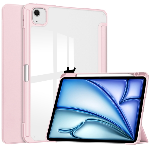 [1565] For iPad Air 13 2024 Pure Color 3-fold Clear TPU Smart Leather Tablet Case. (Pink)