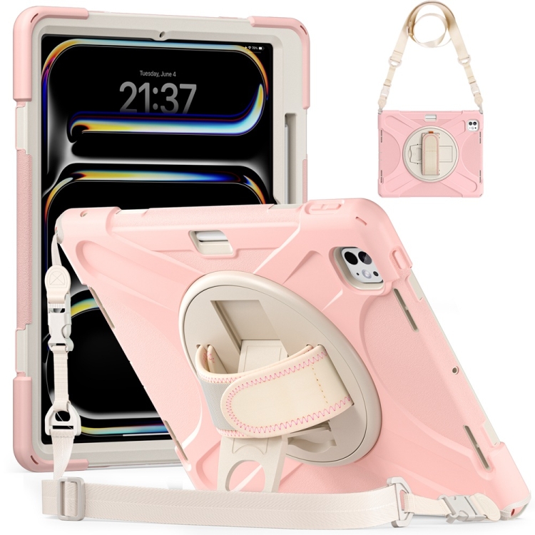 [2004] For iPad Pro 13 2024 Rotatable Holder Silicone Hybrid PC Tablet Case with Shoulder Strap. (Pink)