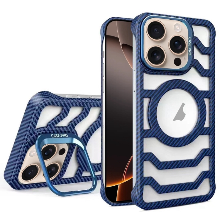 [16 pro max metal1] For iPhone 16 Pro Max Borderless Carbon Fiber Lens Protection Bracket MagSafe Phone Case. (Blue)