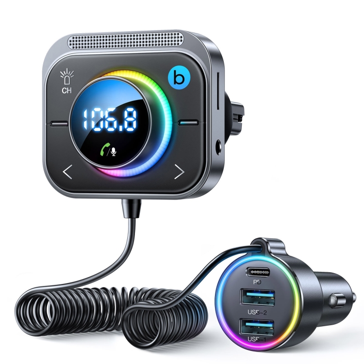 JOYROOM Multi-port Car Wireless FM Transmitter with Coiled Cable.