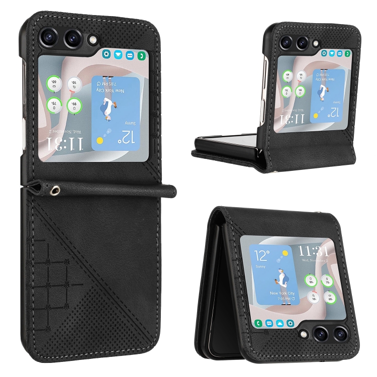 For Samsung Galaxy Z Flip 6 Grid Butterfly Embossed Pattern Flip Leather Phone Case with Lanyard.
