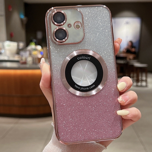 For iPhone 16 Plus Gradient Glitter Electroplating MagSafe TPU Phone Case. (Pink)