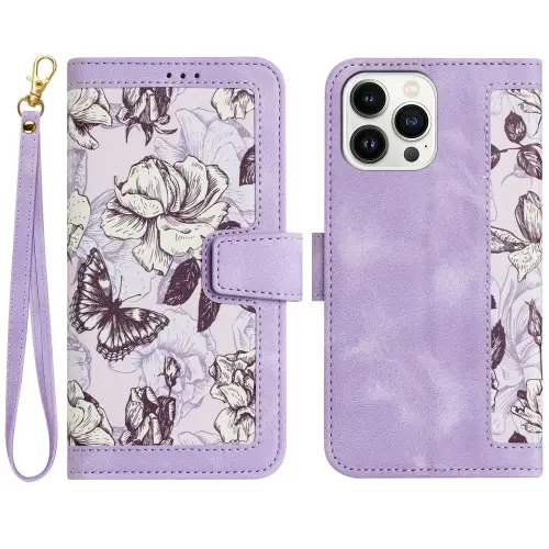 For iPhone 16 Pro Max Floral Pattern Leather Phone Case with Lanyard.