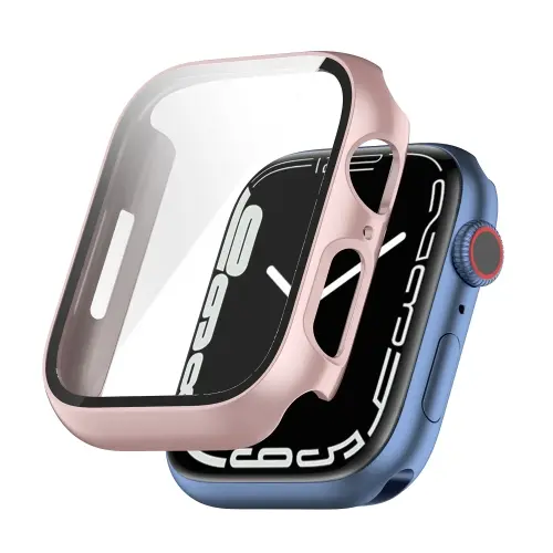 [1307] 	Shockproof PC Protective Case with Tempered Glass Film For Apple Watch Series 9 / 8 / 7 45mm. (Pink)