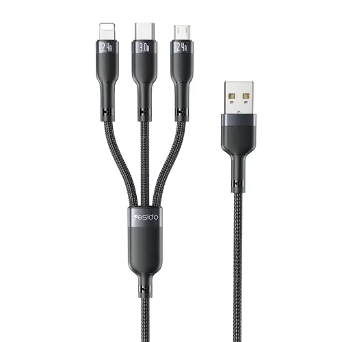 Yesido 3 in 1 USB to 8 Pin+USB-C/Type-C+Micro USB Aluminum Alloy Data Cable.