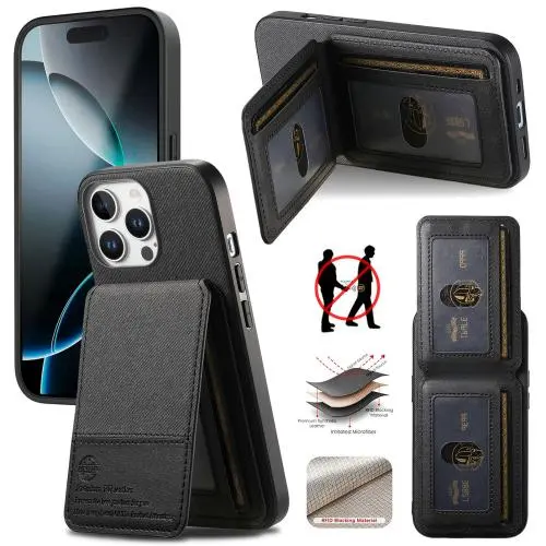 For iPhone 16 Pro Max Twill Fabric Leather Vertical Flip RFID Card Bag Phone Case.