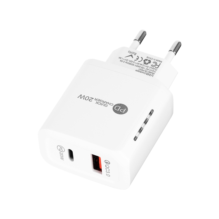  20W + QC3.0 USB Dual Ports Quick Charger with Indicator Light. (White)