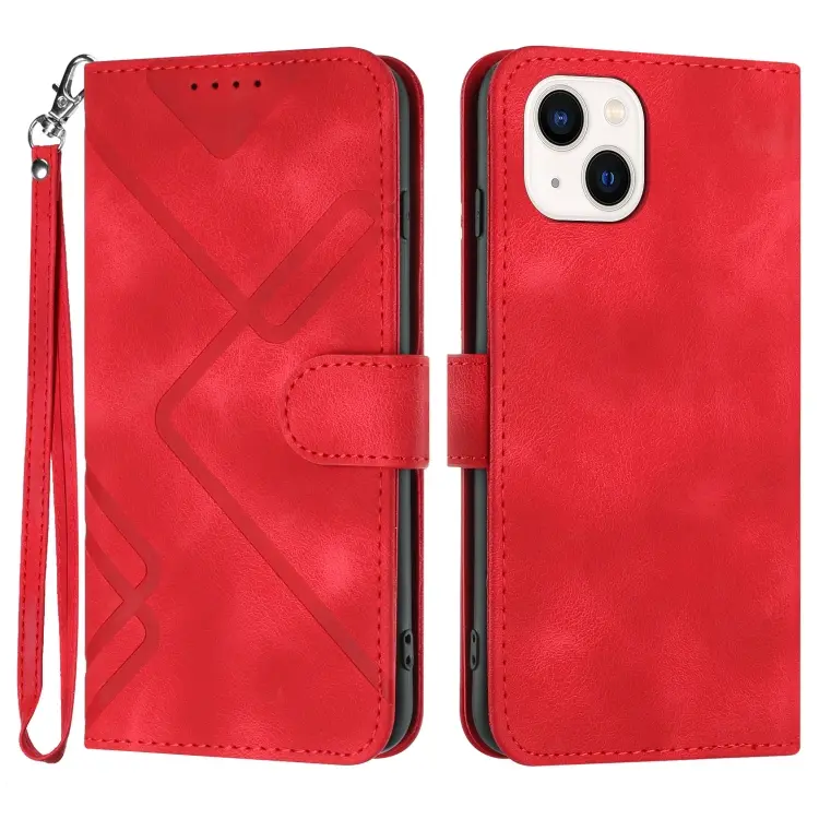 For iPhone 14 Plus Line Pattern Skin Feel Leather Phone Case(red)