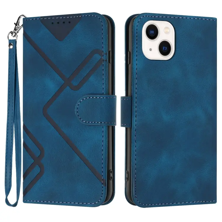 For iPhone 14 Plus Line Pattern Skin Feel Leather Phone Case(royal blue)