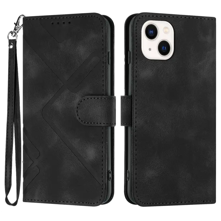 For iPhone 14 Plus Line Pattern Skin Feel Leather Phone Case(black)