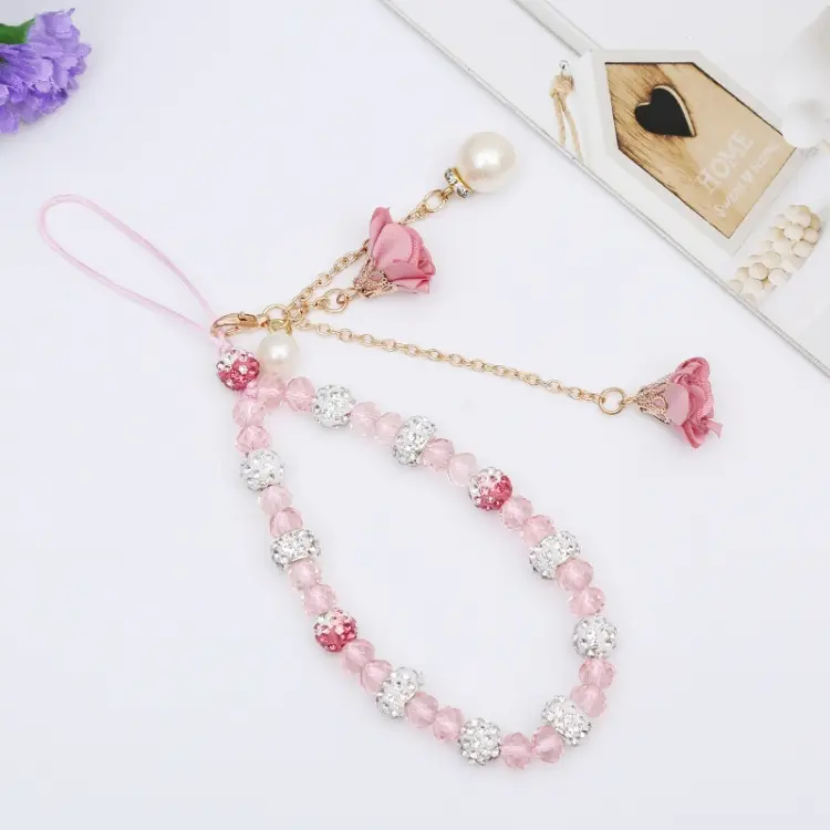 Crystal Mobile Phone Lanyard Girls Ceramic Clay Plaster Flower Bracelet (Pink)