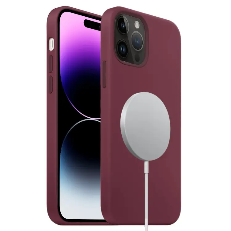 For iPhone 15 Pro Max Liquid Silicone Full Coverage MagSafe Phone Case. (Wine Red)