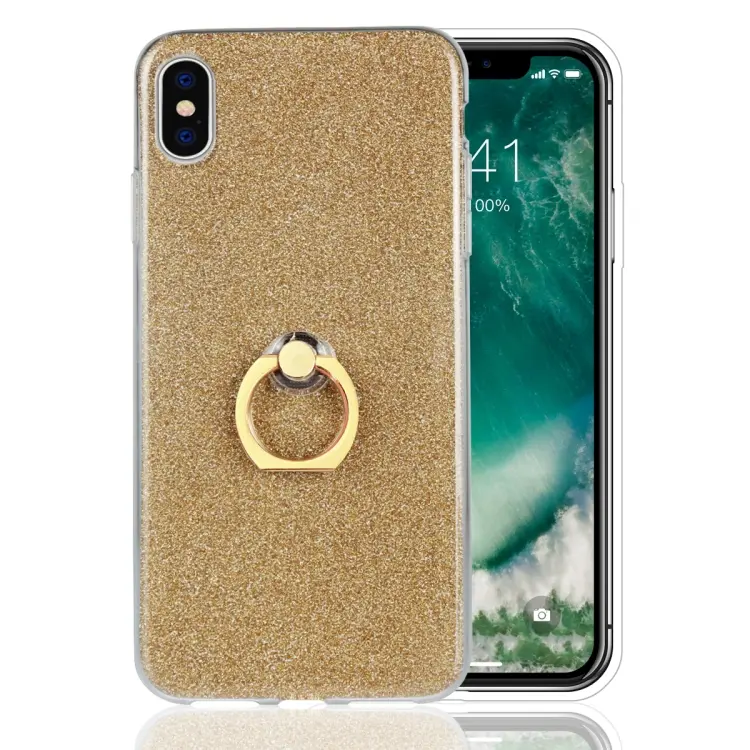 For iPhone XS Max Glittery Powder Shockproof TPU Case with 360 Degree Rotation Ring Holder