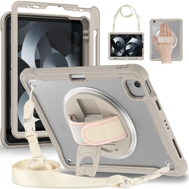 For iPad Air 2022 10.9 / Pro 11 2022 Heavy Duty Hybrid Tablet Case with Hand Grip & Strap (Khaki)