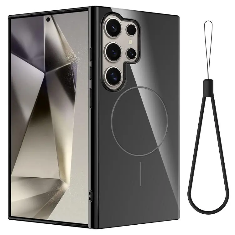 For Samsung Galaxy S22 Ultra 5G Glossy TPU Shockproof MagSafe Phone Case with Lanyard (Black)