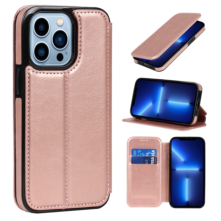 [00-75] Phone 13 Pro Max Strong Magnetic Closure PU + TPU Leather Case with Card Slots & Holder  (Rose gold)