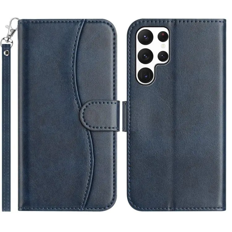 For Samsung Galaxy S23 Ultra 5G Dual-Folded S-shape Leather Phone Case(Navy Blue)