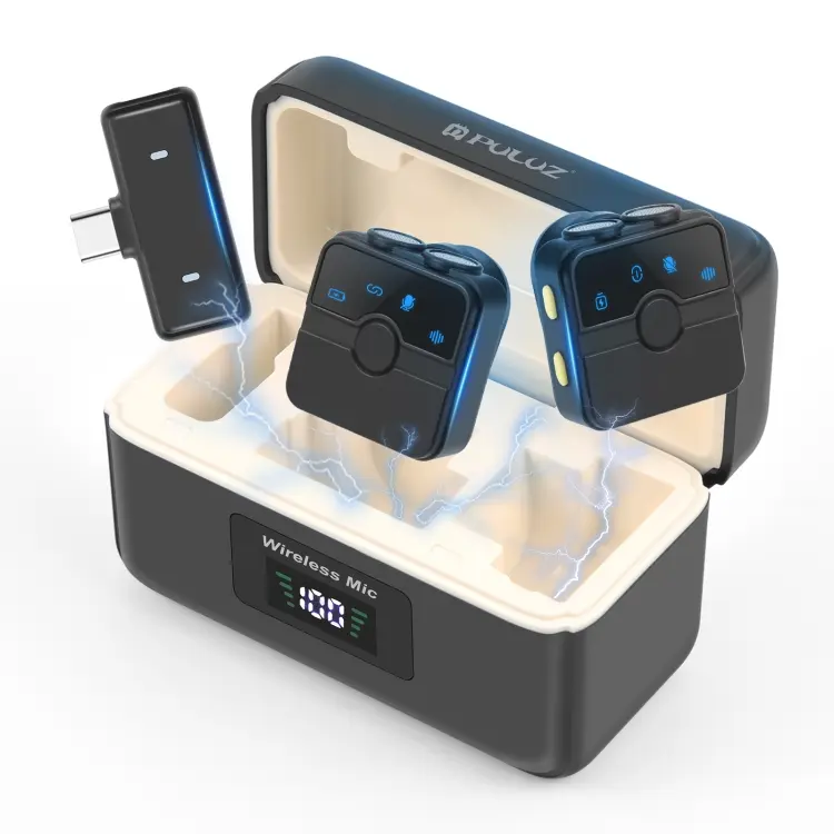 PULUZ Magnetic Lavalier 2 Wireless Microphone with Charging Case Box, Type-C Receiver