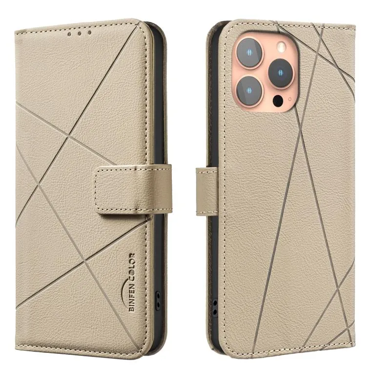 For iPhone 13 Pro Max Geometric Pattern RFID Leather Phone Case (Beige)
