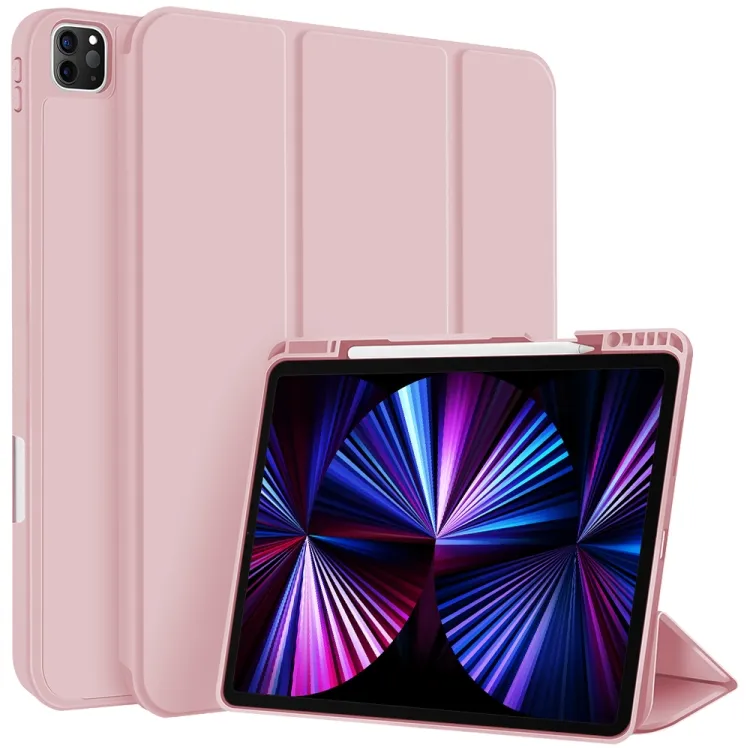 For iPad Pro 11 2022 / 2021 / 2020 3-fold TPU Smart Leather Tablet Case with Pen Slot (Pink)