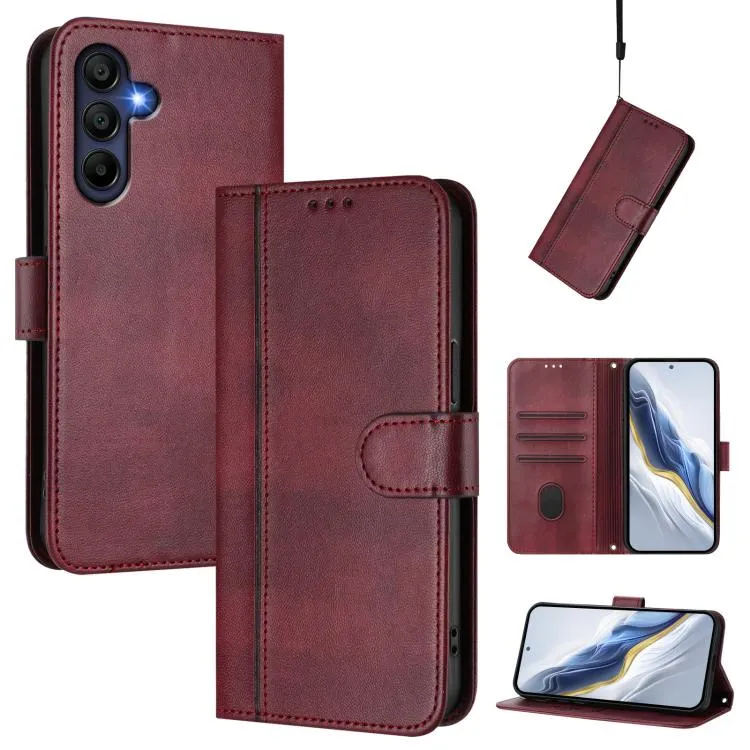 For Samsung Galaxy A17 5G Line Splicing Buckle Retro Leather Phone Case (Wine Red)