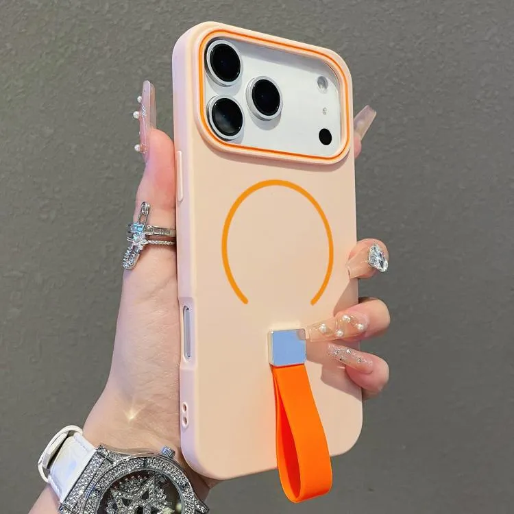 For iPhone 17 Pro Max Skin-feel Magnetic TPU Phone Case with Silicone Strap (Pink)