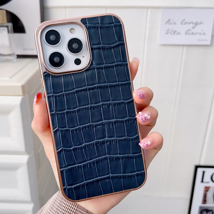 iPhone 13 Pro Nano Electroplating Crocodile Texture Genuine Leather Phone Case