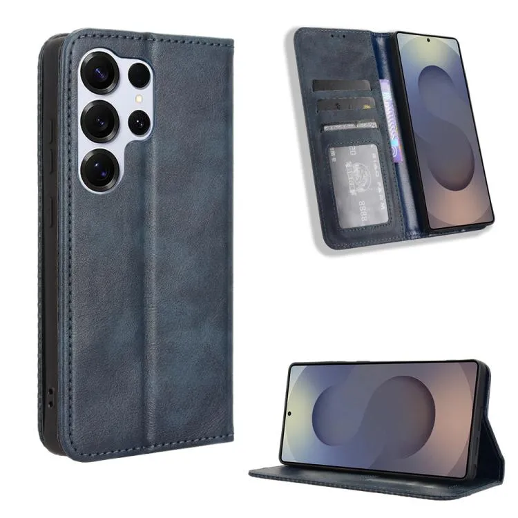 For Samsung Galaxy S25 Ultra 5G Magnetic Buckle Retro Texture Leather Phone Case (Deep Blue)