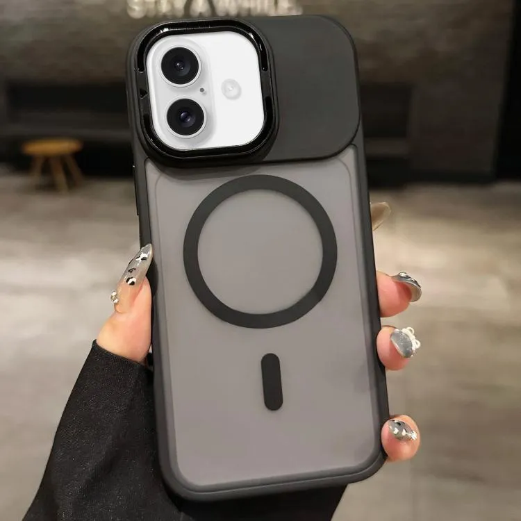For iPhone 16 Skin Feel Frosted Metal Lens Holder MagSafe Magnetic Phone Case