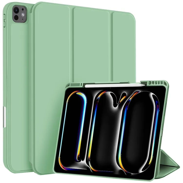 For iPad Pro 13 2025 / 2024 3-fold TPU Smart Leather Tablet Case with Pen Slot(Green)