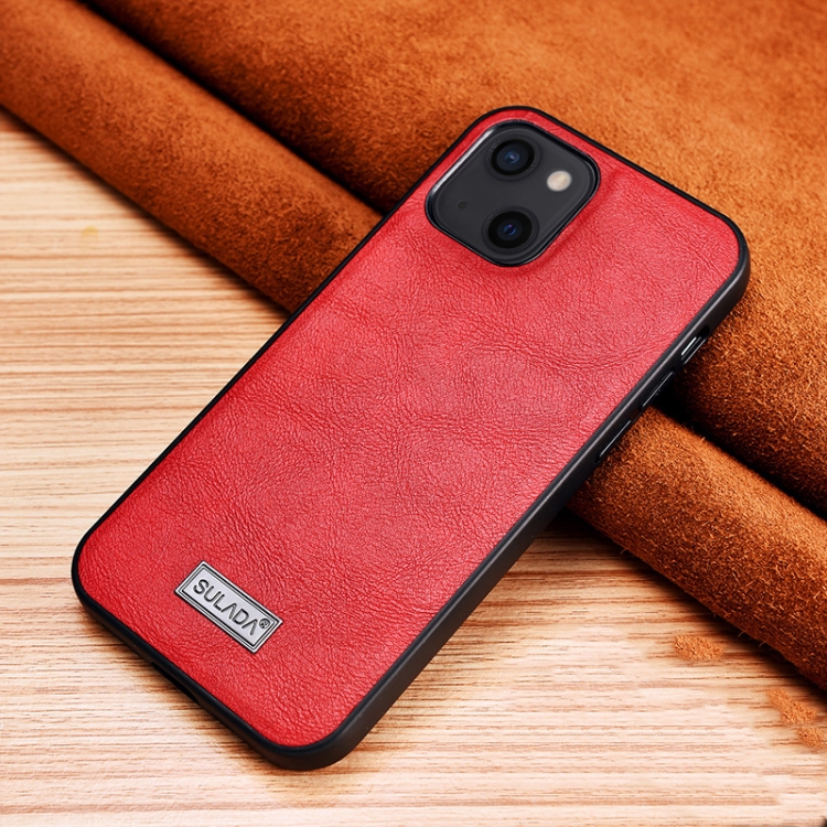 [00-134] iPhone 13 SULADA Shockproof TPU + Handmade Leather Protective Case (Red)