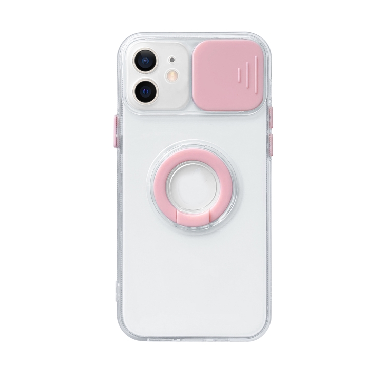 [00-115] iPhone 12/13 Sliding Camera Cover Design TPU Protective Case with Ring Holder. (Pink)