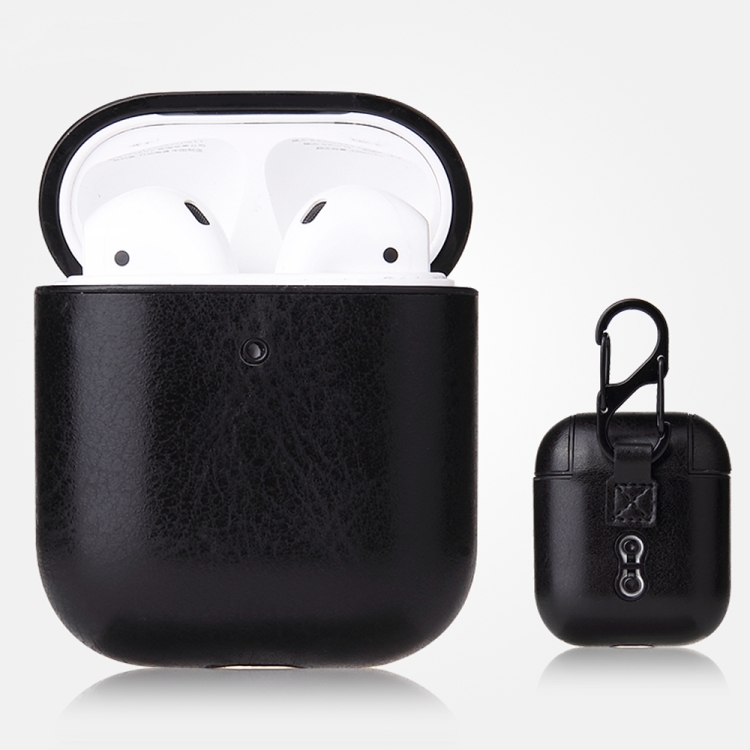 For AirPods 1 & 2 Anti-fall Crazy Horse Texture PU Leather Protective Case with Carabiner.