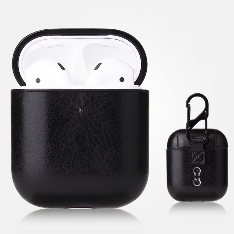 [00-216] For AirPods 1 & 2 Anti-fall Crazy Horse Texture PU Leather Protective Case with Carabiner. (Black)