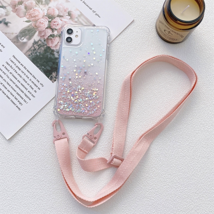 [00-302] For iPhone 12 Pro Max Gradient Glitter Powder Epoxy  Case with Wide Neck Lanyard. (Pink)