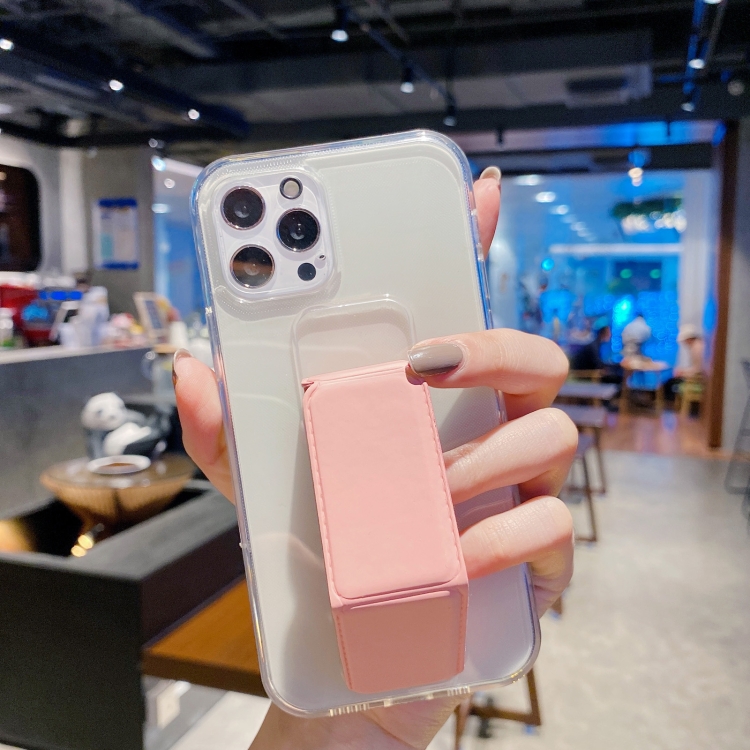 [00-308] For iPhone 12 Pro Max Transparent TPU + PC Shockproof Case with Wrist Strap Holder. (Pink)